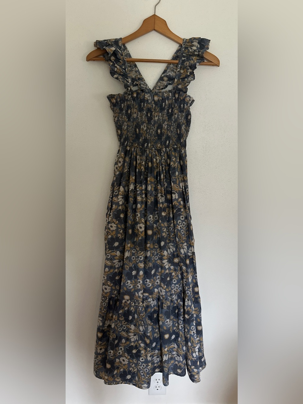 Floral Strapless Maxi Dress with Ruffle Straps - Blue and Mustard
